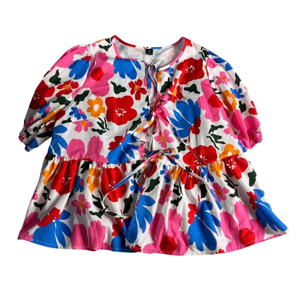 SHEIN Curve 2XL Floral Peplum Blouse Tie Front Puff Sleeve Plus Size Top